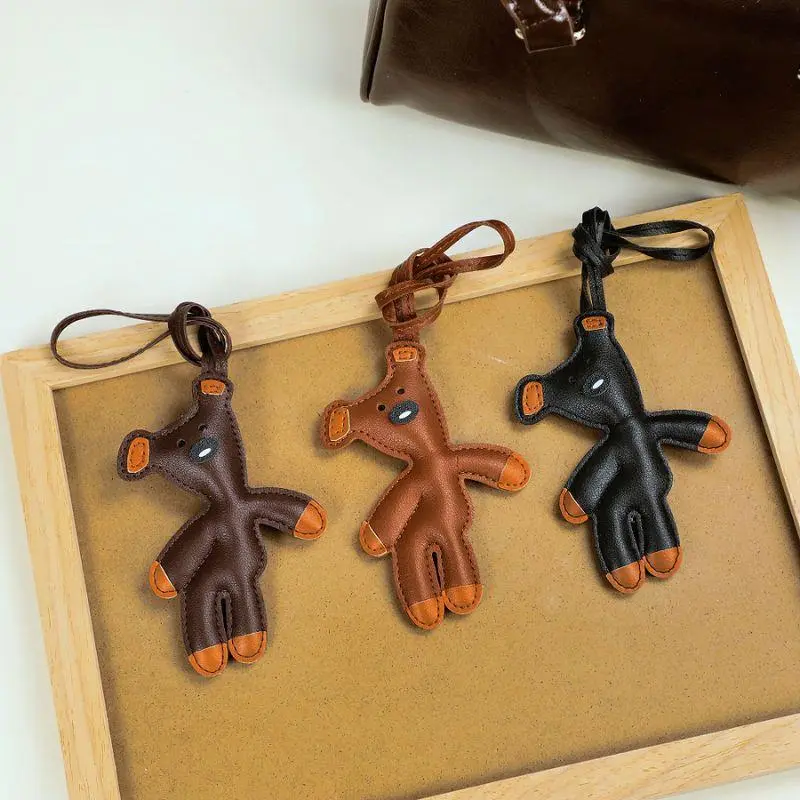 Vintage Bean Bear Keychain PU Leather Animals Keyring Hanging Ornament Backpack Handbag Charm For Men Women Korean Bag Charm Y2k