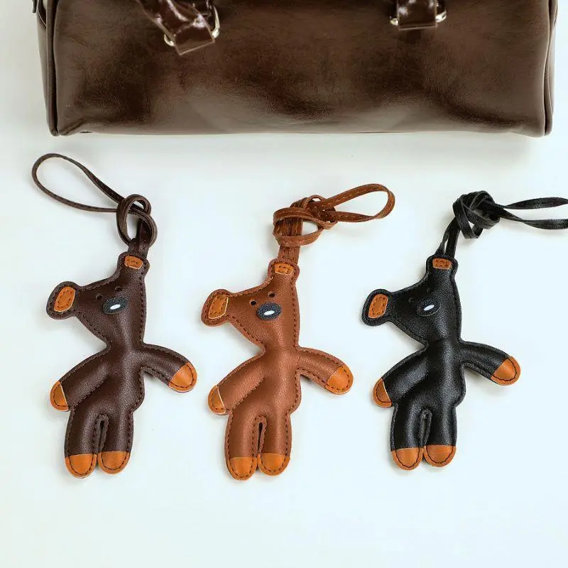 Vintage Bean Bear Keychain PU Leather Animals Keyring Hanging Ornament Backpack Handbag Charm For Men Women Korean Bag Charm Y2k