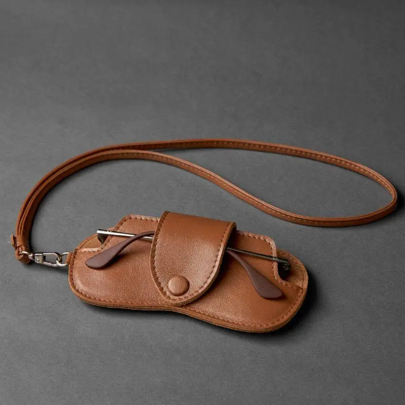 PU Leather Sunglasses Storage Bag With Lanyard Solid Sunglasses Pouch Durable Porable Hanging Sunglasses Bag With Neck Strap