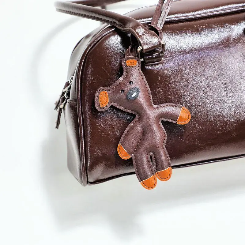 Vintage Bean Bear Keychain PU Leather Animals Keyring Hanging Ornament Backpack Handbag Charm For Men Women Korean Bag Charm Y2k