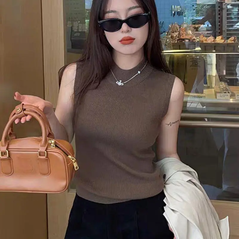 Hot Women's Vest Knitted Tank Top Sleeveless Tees T-Shirt Top Cropped Top Camisole Spring Autumn Half-turtleneck Slim Sweater