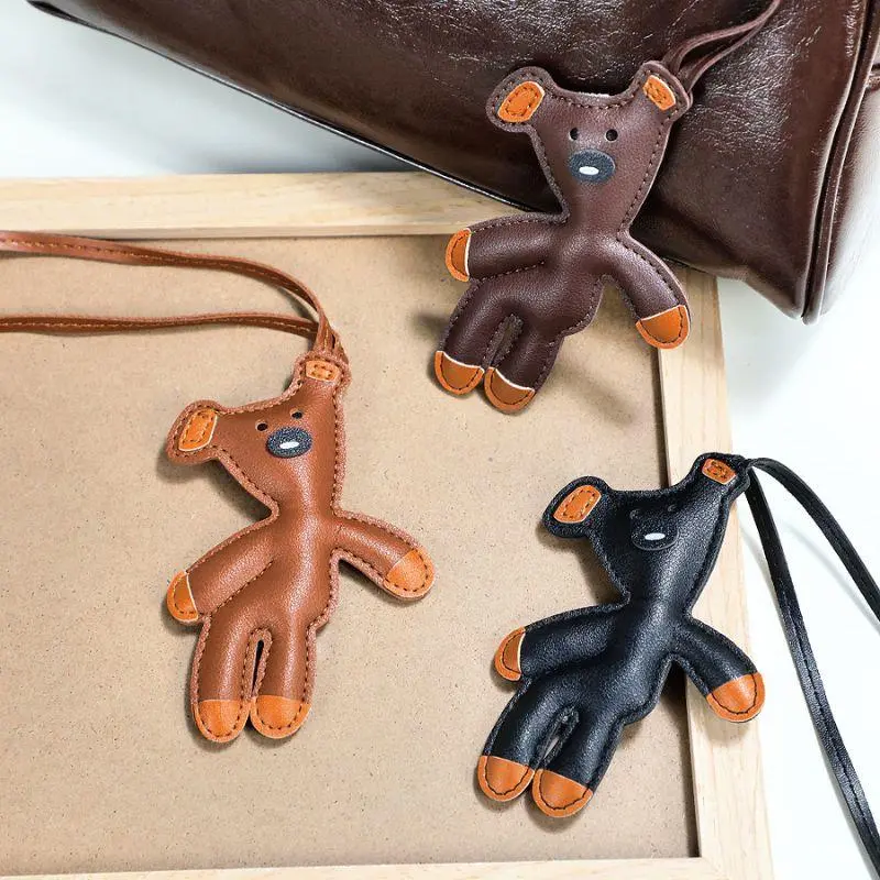 Vintage Bean Bear Keychain PU Leather Animals Keyring Hanging Ornament Backpack Handbag Charm For Men Women Korean Bag Charm Y2k