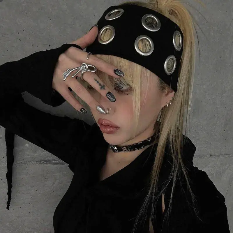 Punk Girl Hollowed Out Eyelets Wide Elastic Headband Ins Stretchy Metal Rock Steampunk For Sports Headbands Hair Accessories
