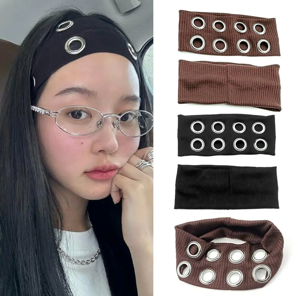 Punk Girl Hollowed Out Eyelets Wide Elastic Headband Ins Stretchy Metal Rock Steampunk For Sports Headbands Hair Accessories