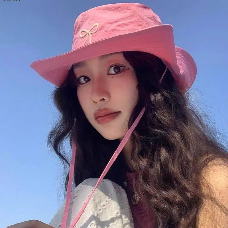 Korean Pink Bow Quick Dry Fisherman Hat Windproof Rope Women Outdoor Camping Mountaineering Hats Girl Summer Sunscreen Bowl Cap