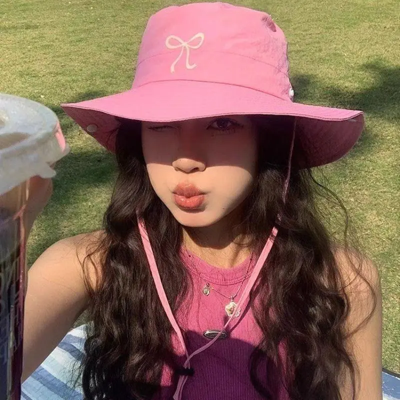 Korean Pink Bow Quick Dry Fisherman Hat Windproof Rope Women Outdoor Camping Mountaineering Hats Girl Summer Sunscreen Bowl Cap