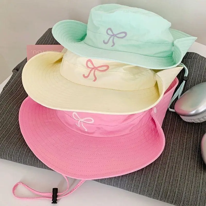 Korean Pink Bow Quick Dry Fisherman Hat Windproof Rope Women Outdoor Camping Mountaineering Hats Girl Summer Sunscreen Bowl Cap