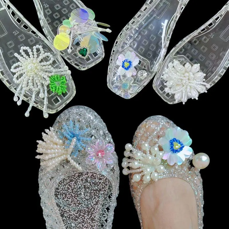 Exquisite Sequined Flowers Beaded Shoe Charms Shiny Pearl Sequin Jelly Shoe Flowers DIY Hole Shoe Sandal Footwear Accessories