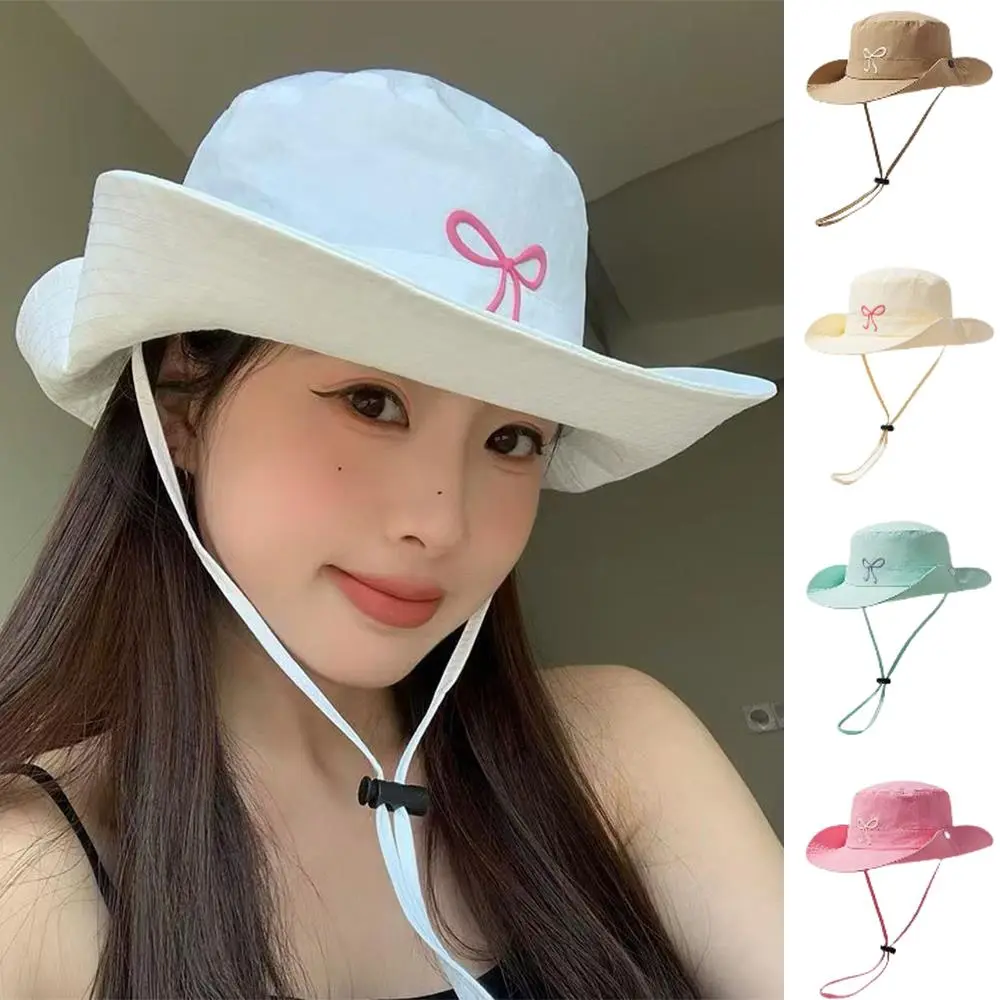 Korean Pink Bow Quick Dry Fisherman Hat Windproof Rope Women Outdoor Camping Mountaineering Hats Girl Summer Sunscreen Bowl Cap