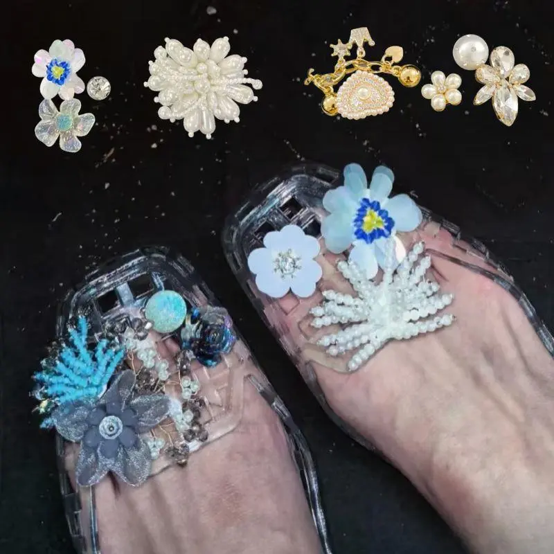 Exquisite Sequined Flowers Beaded Shoe Charms Shiny Pearl Sequin Jelly Shoe Flowers DIY Hole Shoe Sandal Footwear Accessories