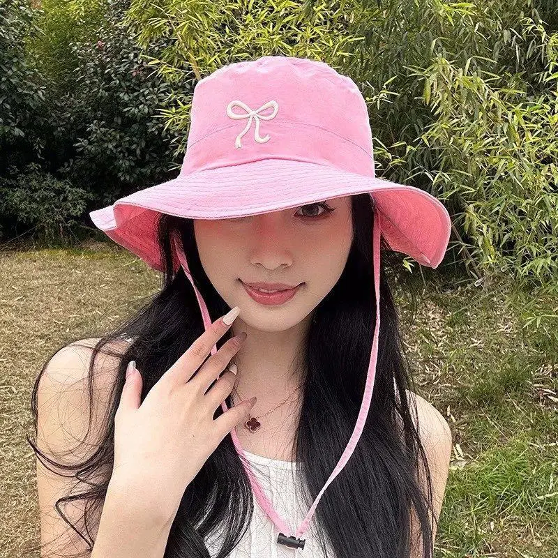 Korean Pink Bow Quick Dry Fisherman Hat Windproof Rope Women Outdoor Camping Mountaineering Hats Girl Summer Sunscreen Bowl Cap