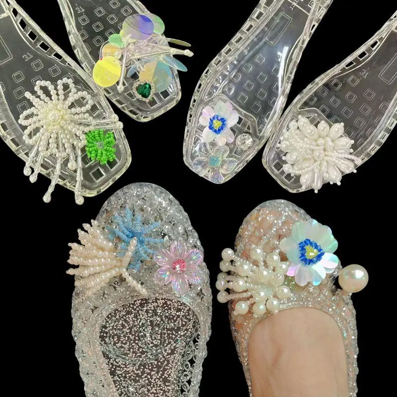 Korean Shiny Flower Metal Shoe Charms Pearl Sequin Jelly Shoe Flowers DIY Hole Shoes Decoration Crystal Beaded Sandals Accessory