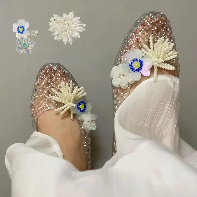 Korean Shiny Flower Metal Shoe Charms Pearl Sequin Jelly Shoe Flowers DIY Hole Shoes Decoration Crystal Beaded Sandals Accessory