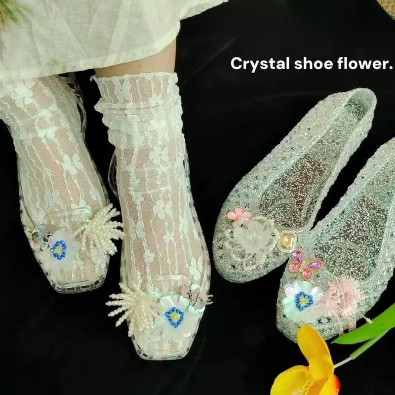 Korean Shiny Flower Metal Shoe Charms Pearl Sequin Jelly Shoe Flowers DIY Hole Shoes Decoration Crystal Beaded Sandals Accessory