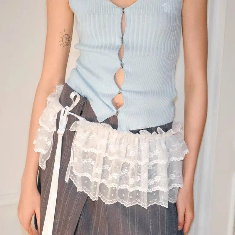 New Women's Korean One-Piece Belted Overlap Lace Skirt Apron Spring Summer Y2K Lace Layered Gauze Skirt With Tie Up Short Skirt