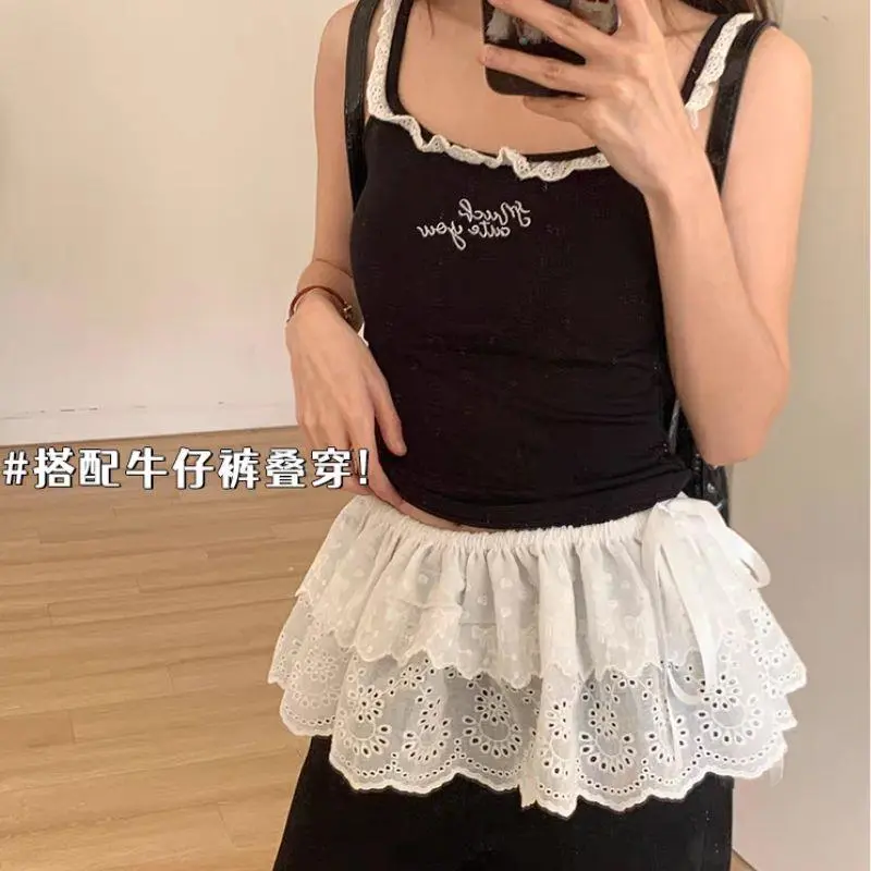New Women's Korean One-Piece Belted Overlap Lace Skirt Apron Spring Summer Y2K Lace Layered Gauze Skirt With Tie Up Short Skirt