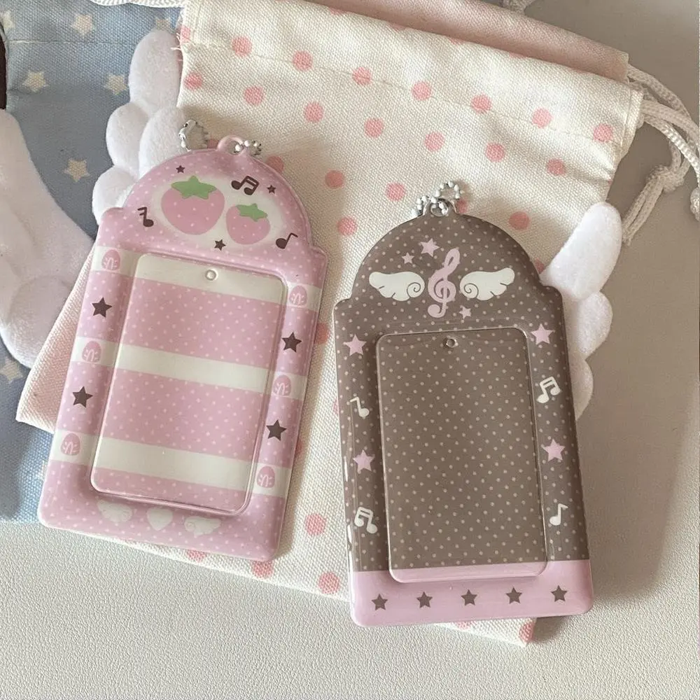 Pink Strawberry Photocard Holder Keychain Y2K Notes Wings Small Card Bag Idol Card Protetion Cover Credit ID Bank Card Holder