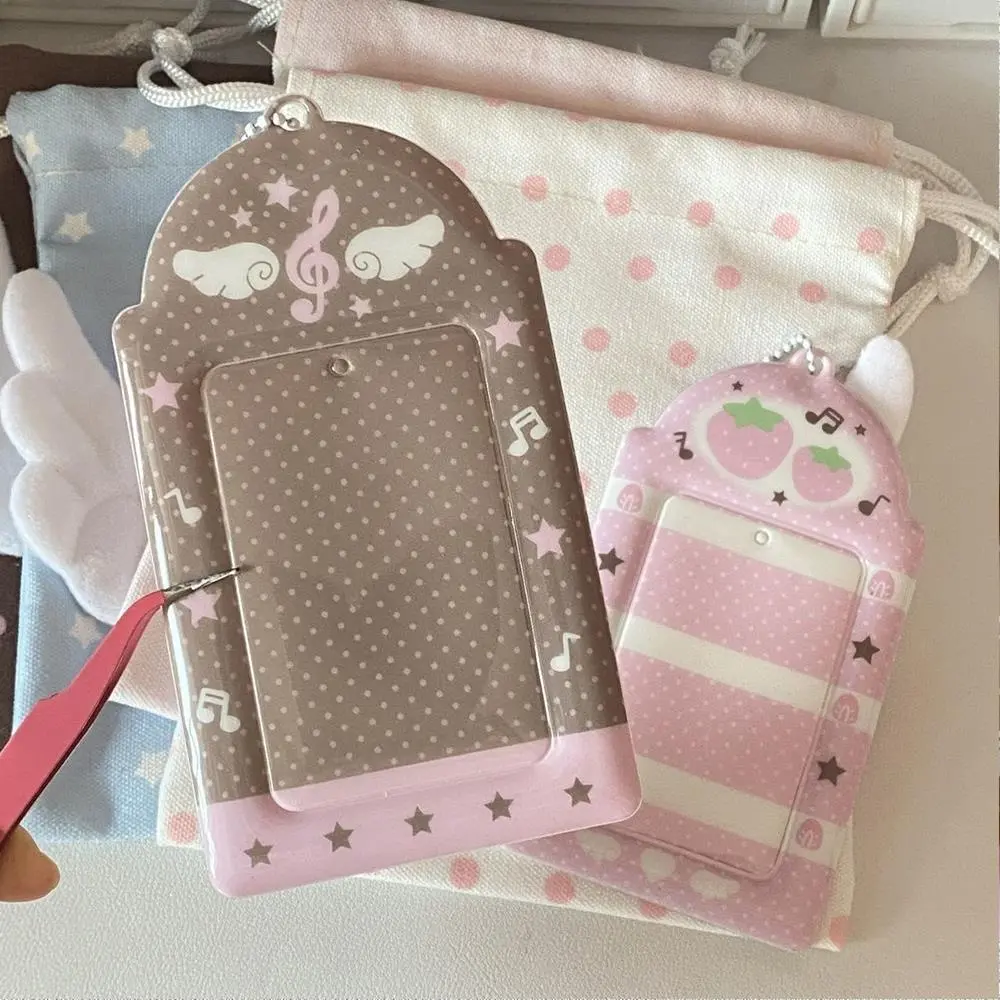 Pink Strawberry Photocard Holder Keychain Y2K Notes Wings Small Card Bag Idol Card Protetion Cover Credit ID Bank Card Holder