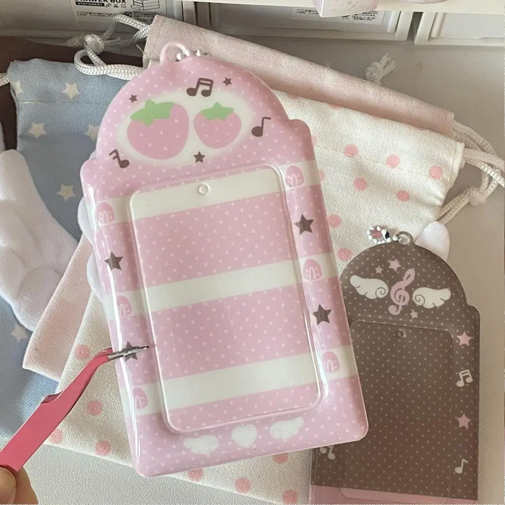 Pink Strawberry Photocard Holder Keychain Y2K Notes Wings Small Card Bag Idol Card Protetion Cover Credit ID Bank Card Holder