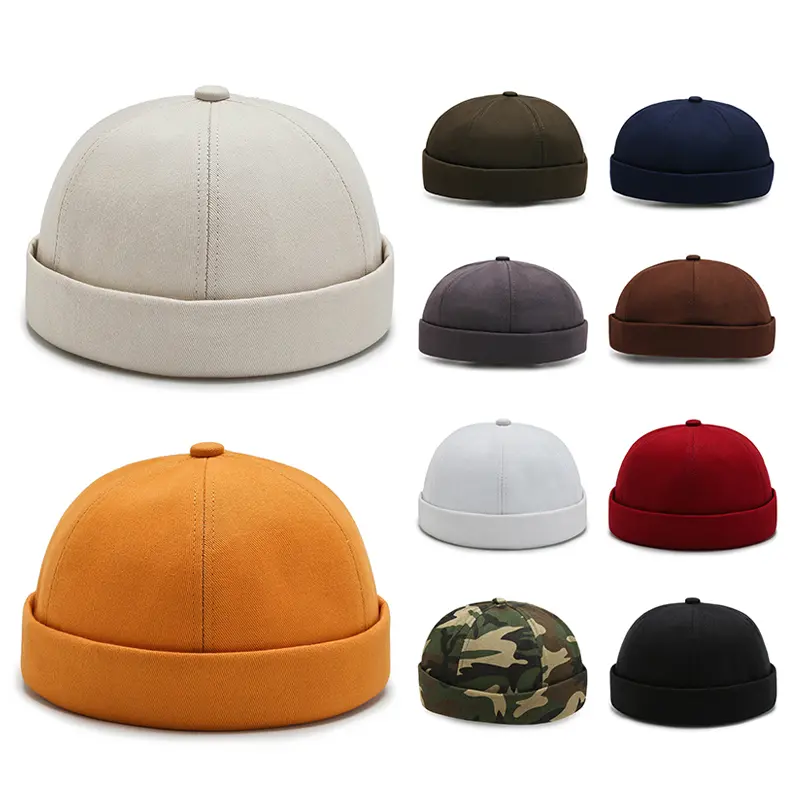 Vintage Summer Cotton Brimless Skullies Caps Men's Solid Color Street Portable Docker Hats Melon Skin Cap Beanie Hat Hip Hop Hat