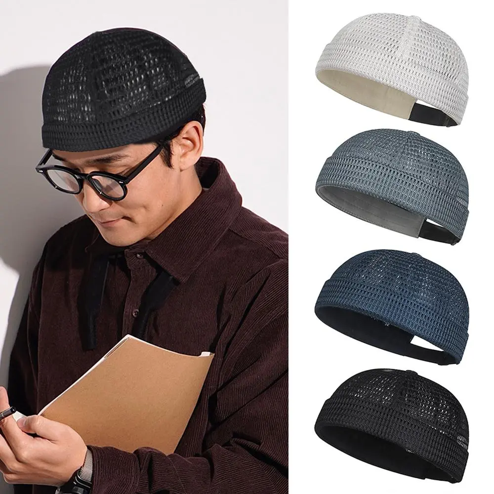 Brand Men's Brimless Docker Hat Summer Breathable Mesh Net Beanie Cap Rolled Cuff Harbour Hats Sailor Fisherman Landlord Hat