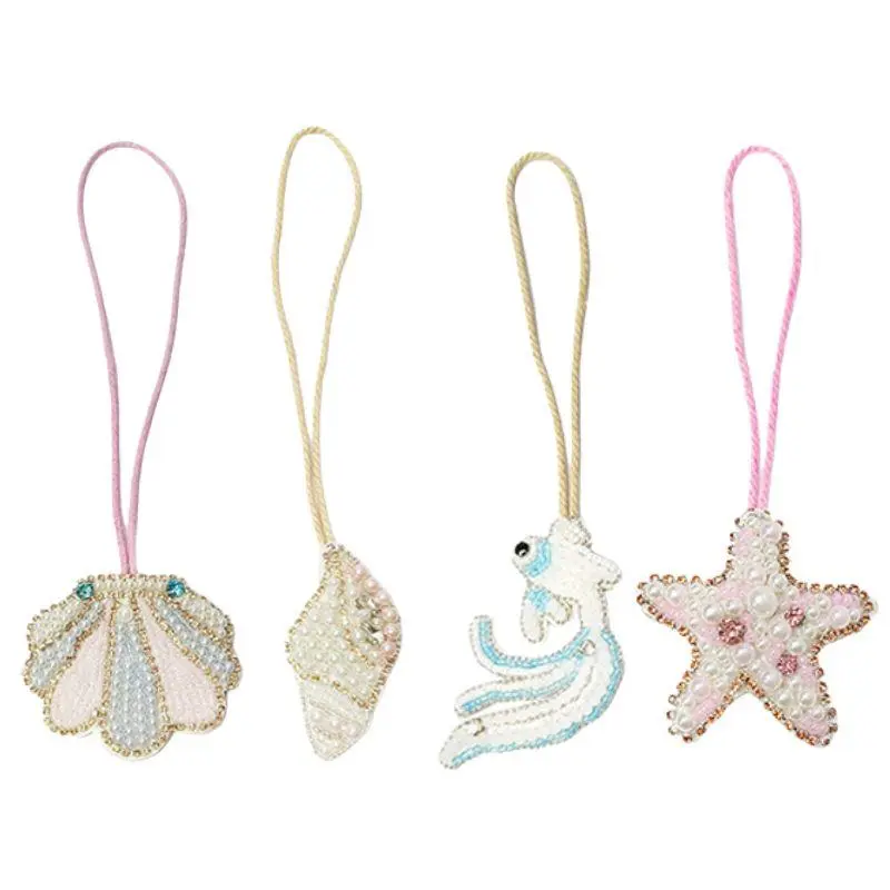 3D Beaded Patch Pendant Marine Organism Crystal Bag Lanyard Patch Conch Shells Beading Applique Patch Bag Charm Handmade