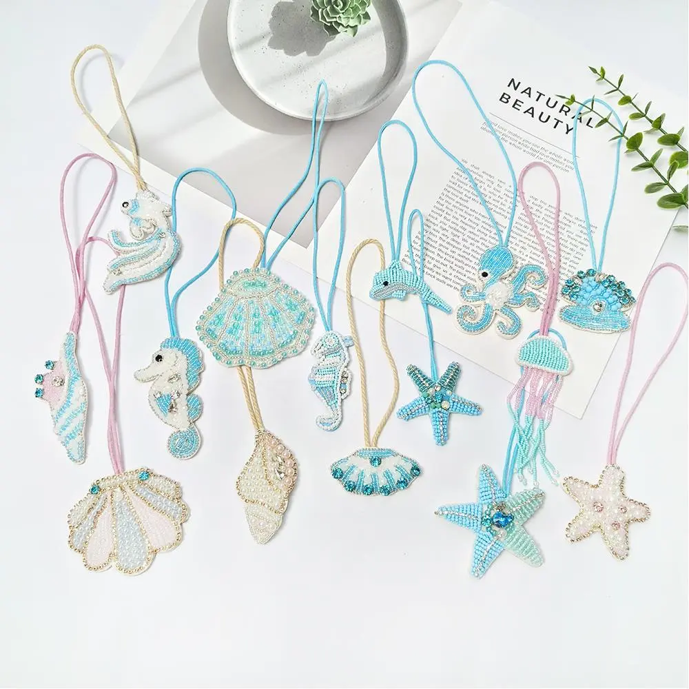 3D Beaded Patch Pendant Marine Organism Crystal Bag Lanyard Patch Conch Shells Beading Applique Patch Bag Charm Handmade