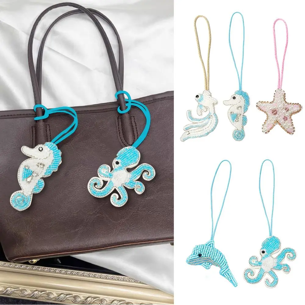 3D Beaded Patch Pendant Marine Organism Crystal Bag Lanyard Patch Conch Shells Beading Applique Patch Bag Charm Handmade