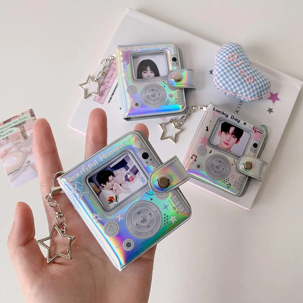 INS Mini 2inch Photo Album PVC Bright Silver MP3 Player Design Photocard Holder With Star Pendant Keychain Hollow Collector Book