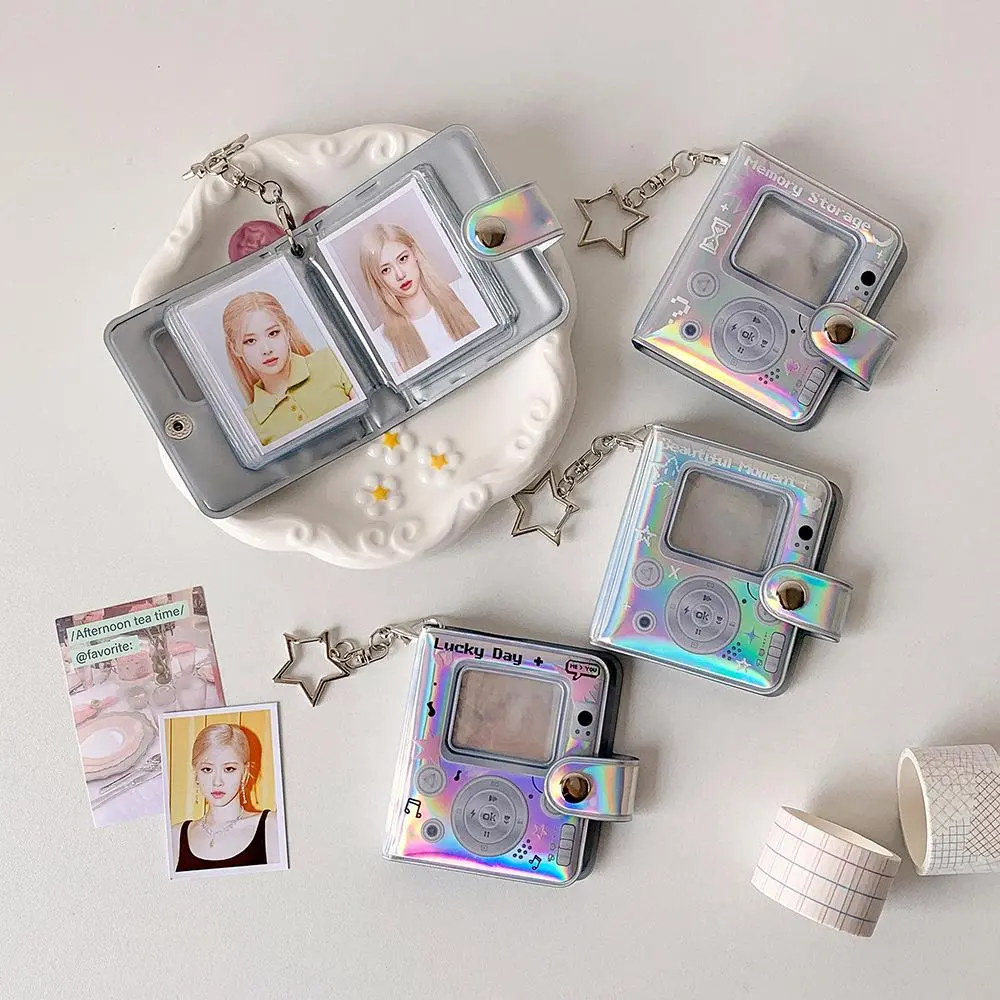 INS Mini 2inch Photo Album PVC Bright Silver MP3 Player Design Photocard Holder With Star Pendant Keychain Hollow Collector Book