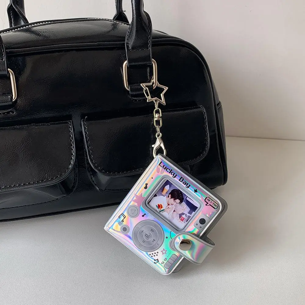 INS Mini 2inch Photo Album PVC Bright Silver MP3 Player Design Photocard Holder With Star Pendant Keychain Hollow Collector Book