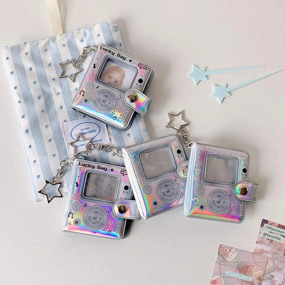 INS Mini 2inch Photo Album PVC Bright Silver MP3 Player Design Photocard Holder With Star Pendant Keychain Hollow Collector Book