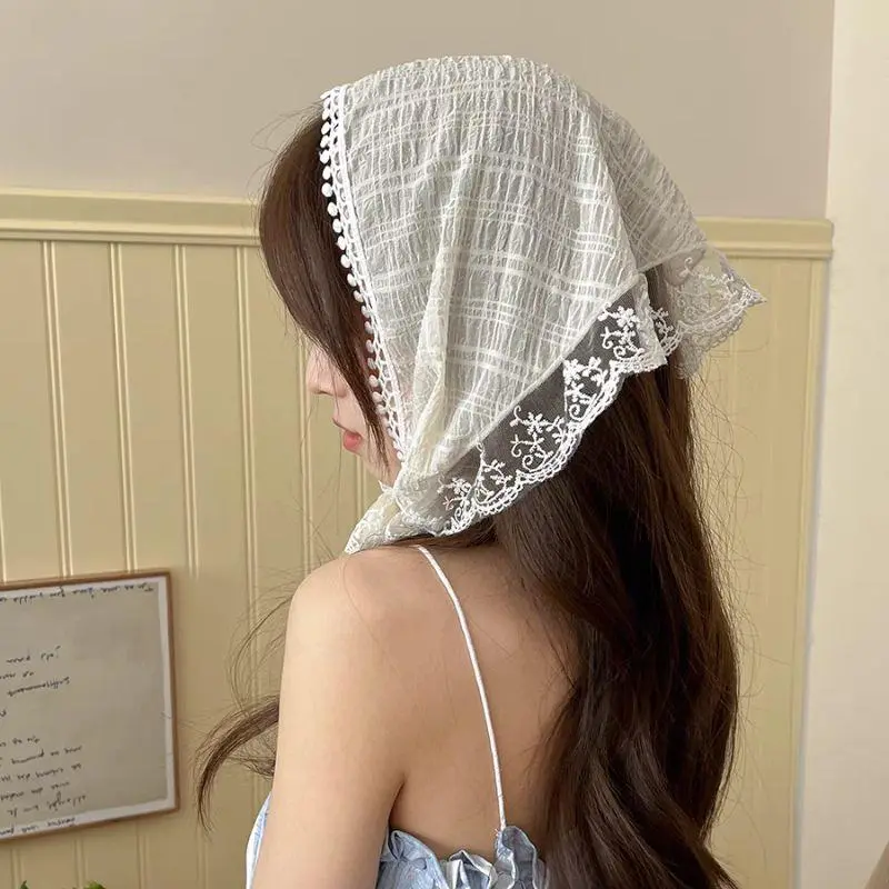 New Summer Lace Triangle Headscarf Woman Lace Hair Scarf Retro French Triangle Hair Band Sweet Turban Cap Sunscreen Headscarf