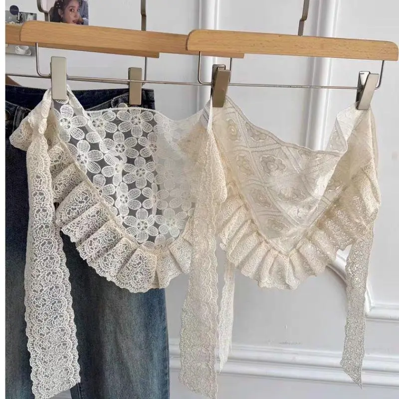 Korean Triangle Lace Trim Half Skirt Women's Summer Sweet Sle Overlap Skirt Curtain Scarf High Waist Skirt With Tie Up Headscarf