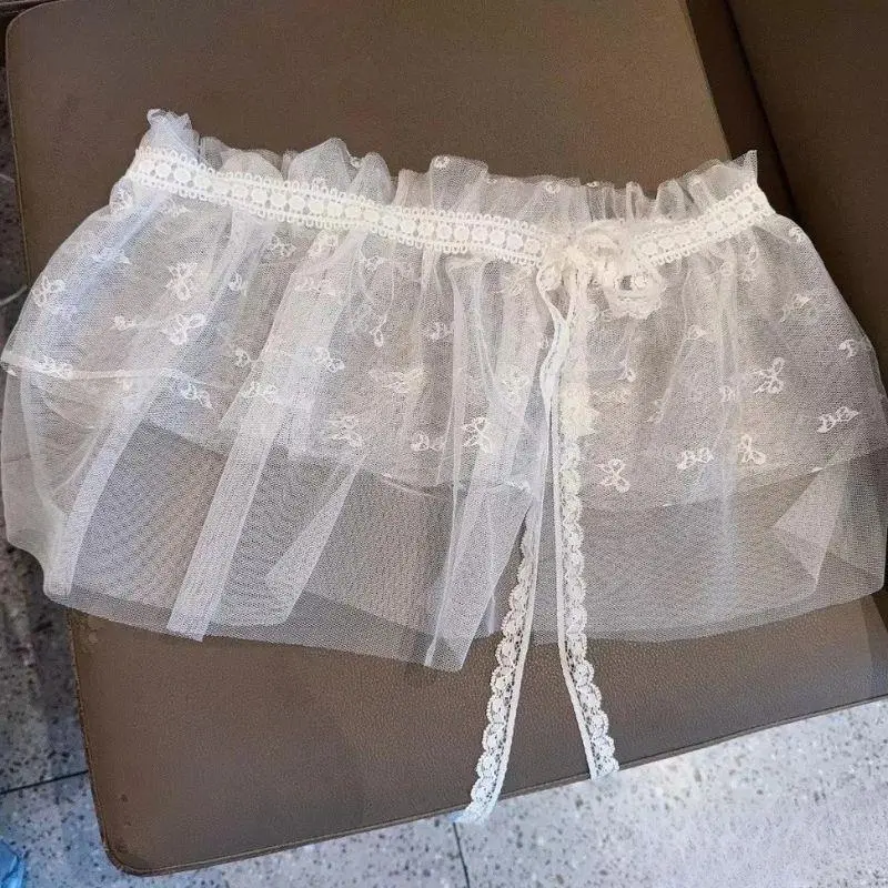 Y2K Tutu Skirt Women's One-Piece Belted Overlap Lace Skirt Apron Lace Layered Gauze Skirt Tie Up Skirt Lace Trim Half Skirt
