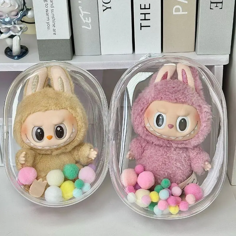 17CM La bu bu Plush Doll Storage Case Transparent Color Display Box Organizer Outdoor Travel Bag With Keychain Doll Accessories