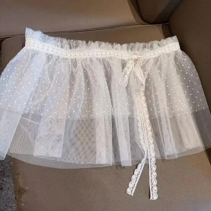 Y2K Tutu Skirt Women's One-Piece Belted Overlap Lace Skirt Apron Lace Layered Gauze Skirt Tie Up Skirt Lace Trim Half Skirt