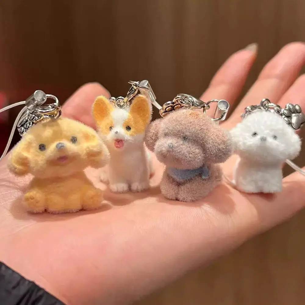 Cartoon 3D Plush Dog Pendants Keychain Flocking Corgi Bichon Frise Key Chain Bag Charms Mobile Phone Key Rings DIY Accessories