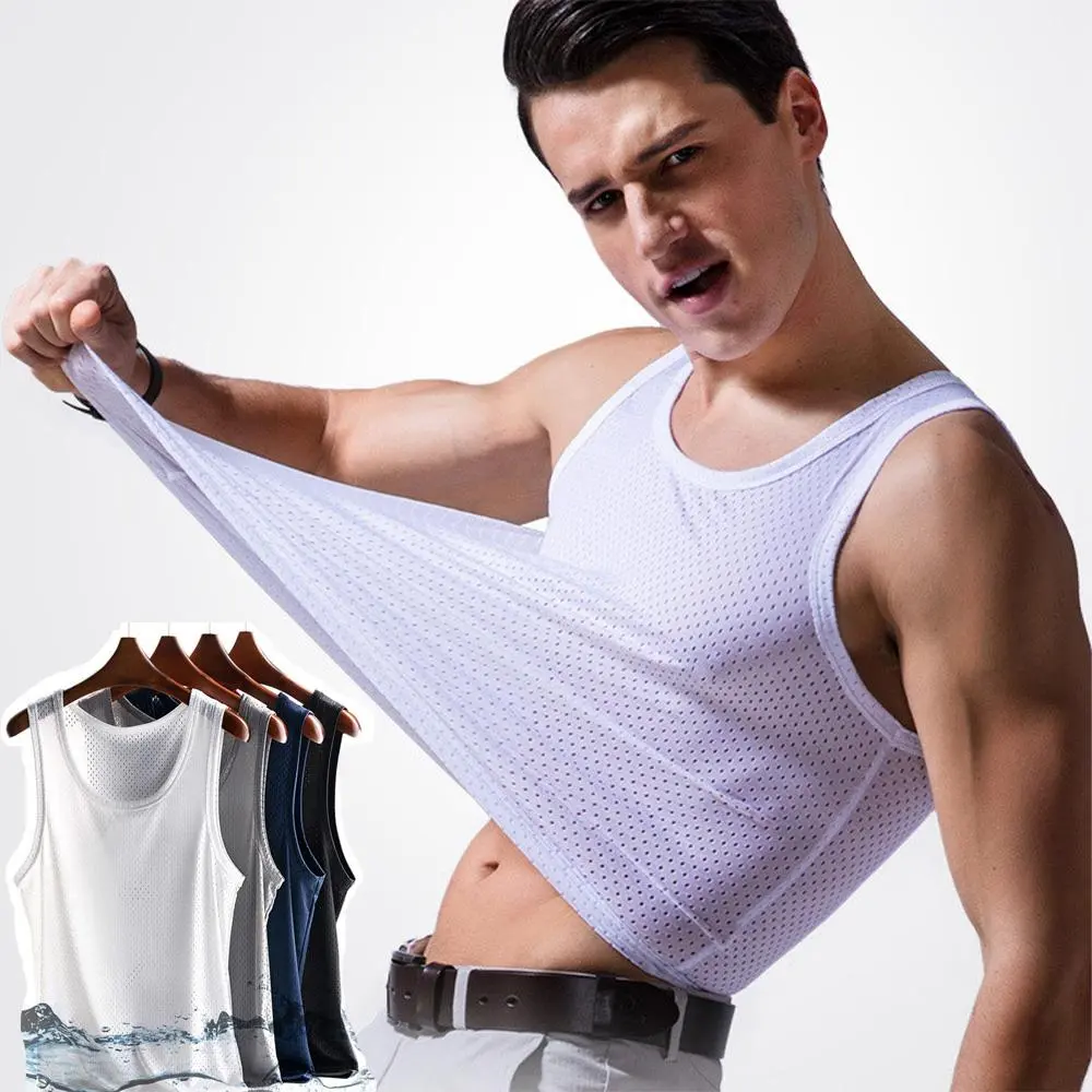 Summer Mesh Tank Top Men Gym Fitness Quick Dry T-shirt Mens Bodybuilding Fitness Muscle Sleeveless Breathable Male Mesh T Shirts