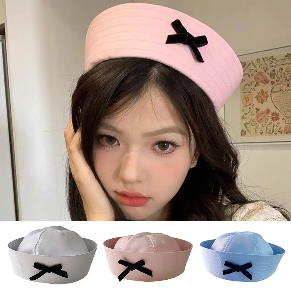 Y2K Sweet Pink White Bowknot Beret JK Beret Hat Sexy Dome Sailor Hat Korean Style Navy Cap Niche Flipped Nurse Cosplay Beret Cap