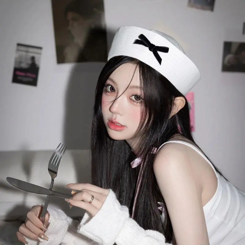 Y2K Sweet Pink White Bowknot Beret JK Beret Hat Sexy Dome Sailor Hat Korean Style Navy Cap Niche Flipped Nurse Cosplay Beret Cap