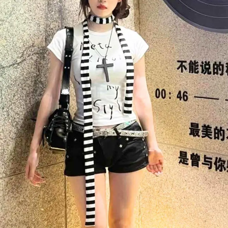 180cm Thin Neckerchief Harajuku Retro Striped Neck Scarf Women Long Scarves Y2k Streetwear Decorative Scarf Black Grey Stripe