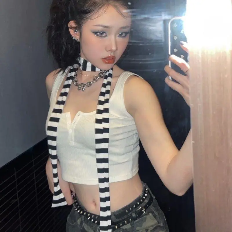 180cm Thin Neckerchief Harajuku Retro Striped Neck Scarf Women Long Scarves Y2k Streetwear Decorative Scarf Black Grey Stripe