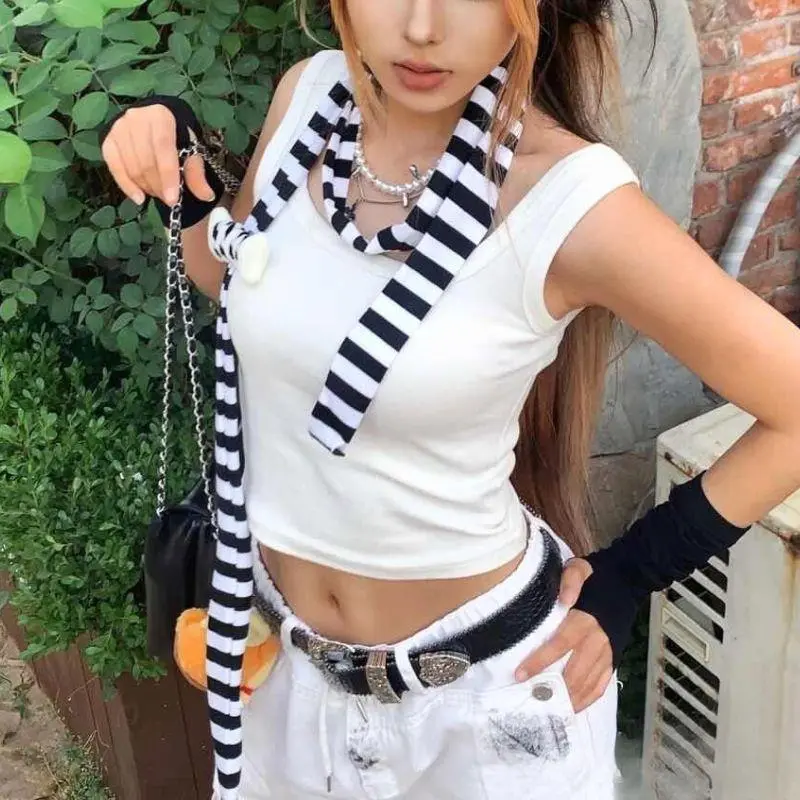 180cm Thin Neckerchief Harajuku Retro Striped Neck Scarf Women Long Scarves Y2k Streetwear Decorative Scarf Black Grey Stripe