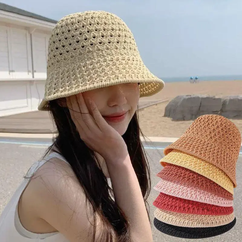 New Fashion Luxury Bucket Hat Designer Wide Brim Women Bucket Hat Summer Straw Woven Sun Visor Hats Hollow Hat Striped BeachHat