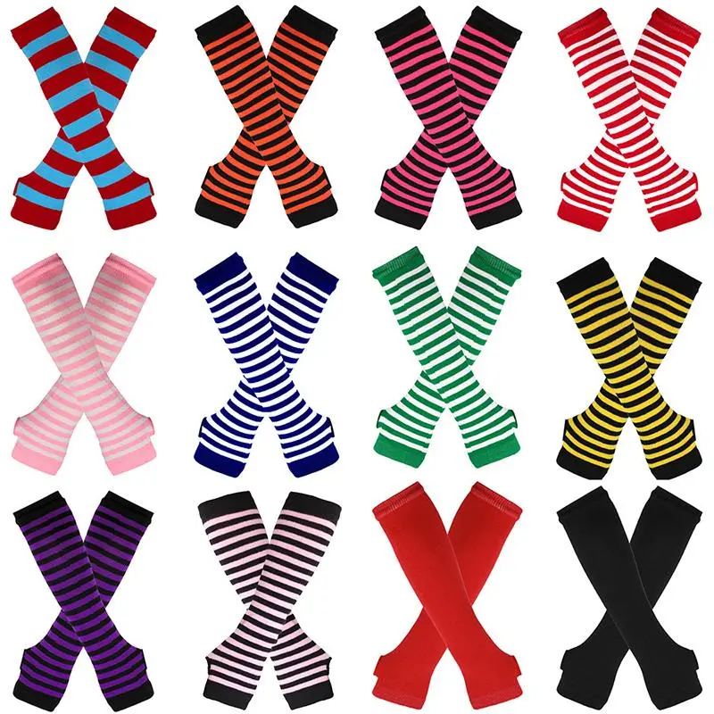 Striped Elbow Gloves Women Emo Gloves Y2k Winter Warm Long Sleeves Gloves Women Fingerless Stripe Hip-Hop Knitted Elbow Mittens