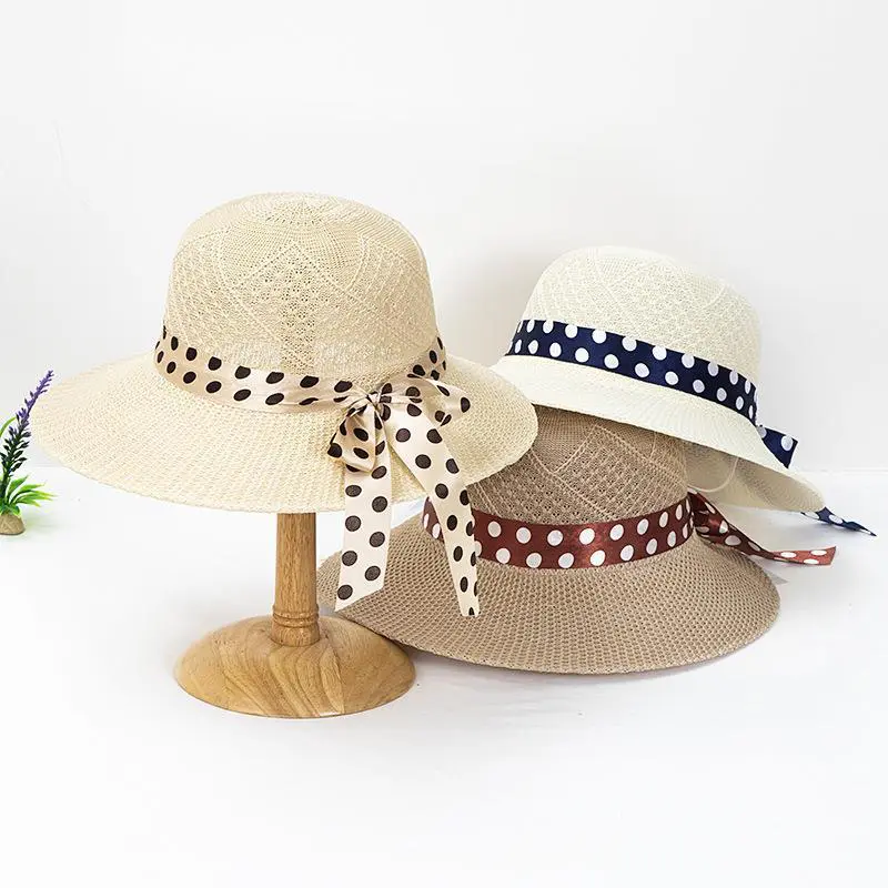 2024 New Summer Women's Straw Hat Ribbon Bowknot Wide Brim Ladies Beach Caps Outdoor Sun Protection Sun Hats Panama Caps