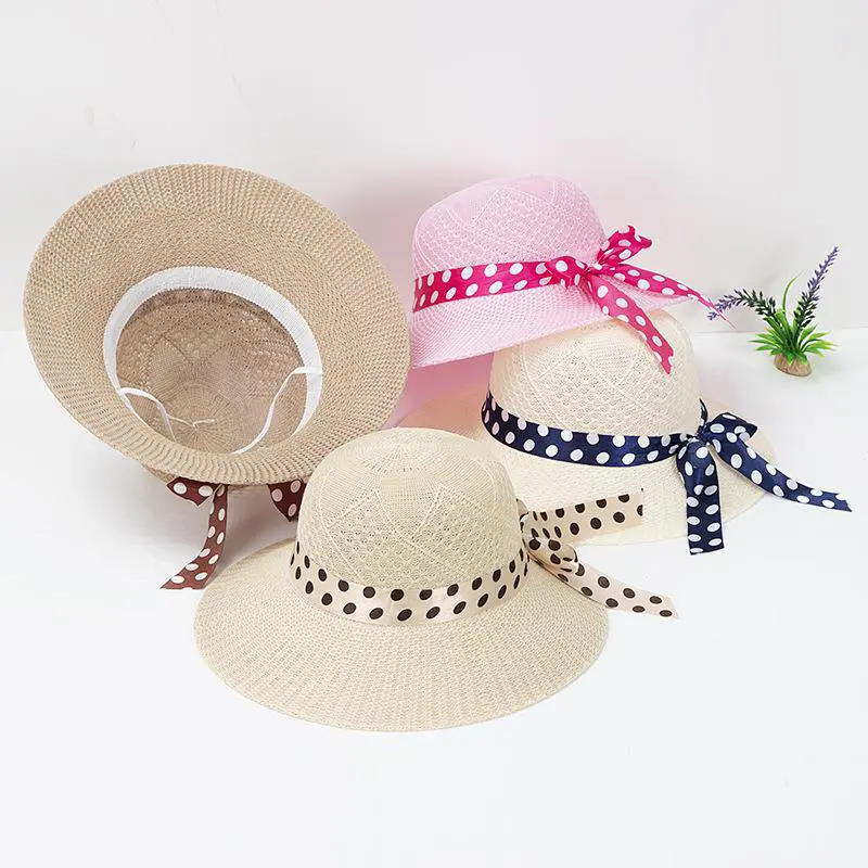 2024 New Summer Women's Straw Hat Ribbon Bowknot Wide Brim Ladies Beach Caps Outdoor Sun Protection Sun Hats Panama Caps
