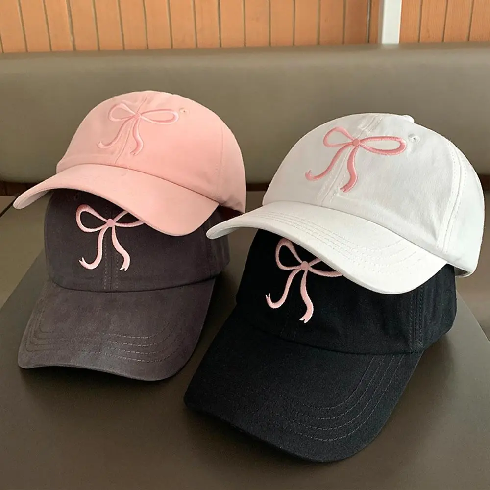 Y2K Bowknot Embroidery Washed Cotton Baseball Cap Snapback Hat Solid Wide Brim Cap Outdoor Adjustable Sports Sun Protection Cap