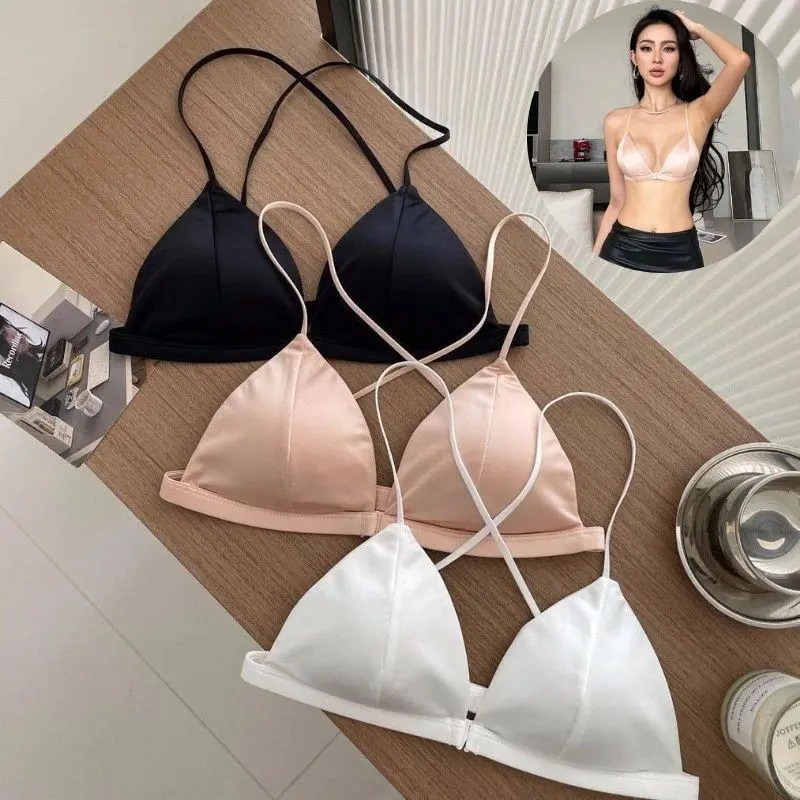 French Triangle Cup Underwear Women's Small Breasts Gather Front Buckle Summer Thin Beauty Back Set Sexy Thin Straps Bra Cover